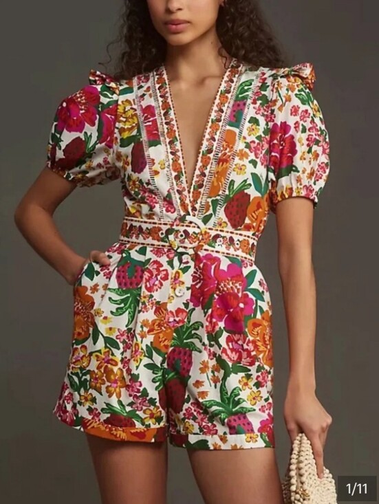 FARM Rio Pants - NWOT Anthropologie Farm Rio Floral V-Neck Puff-Sleeve Romper in Multicolor ,M